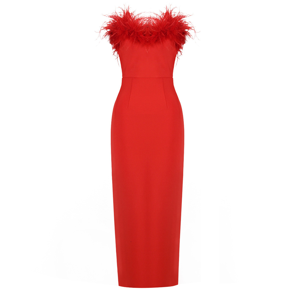 2025 New Strapless Dress with Feathers Fashionable and Elegant Tight Fitting Hip Hugging Sleeveless Party and Banquet Dress