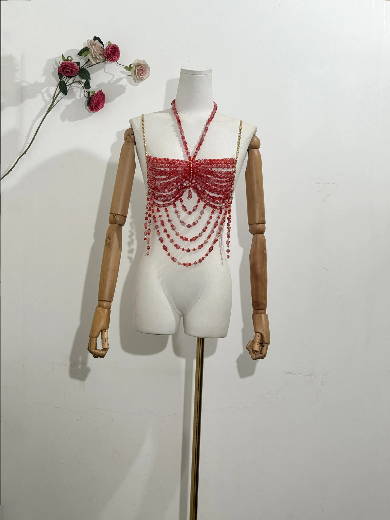 H80 S90 sexy womens handmade body chain fashion jewelry bikini bra bead suspender romantic vest Beahwear See Through Lingie 250403