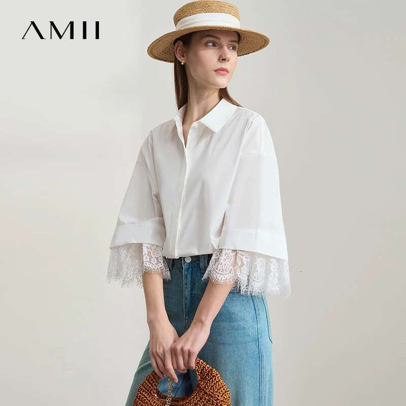 Amii Minimalist Cotton Shirts for Women 2025 Summer New Solid Lapel Shoulder Half-sleeve Lace Splicing Loose Tops 12542096