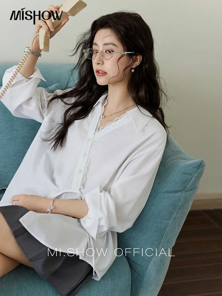 MISHOW Women's French Lyocell Shirt 2025 Spring Lapel V-neck Patchwork Lace Tops Diagonal Placket Lace-up Commute Top MXE11C0389