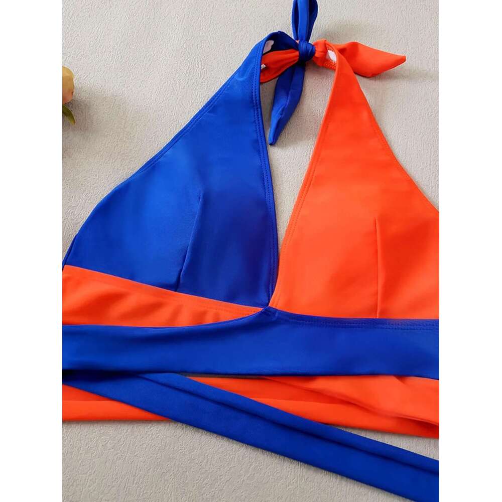 Solid Color Patchwork Bikini Set Adjustable Waist Belt 2 Piece Swimsuit for Women V-neck Halter Backless Beach Bathing Suit 2025