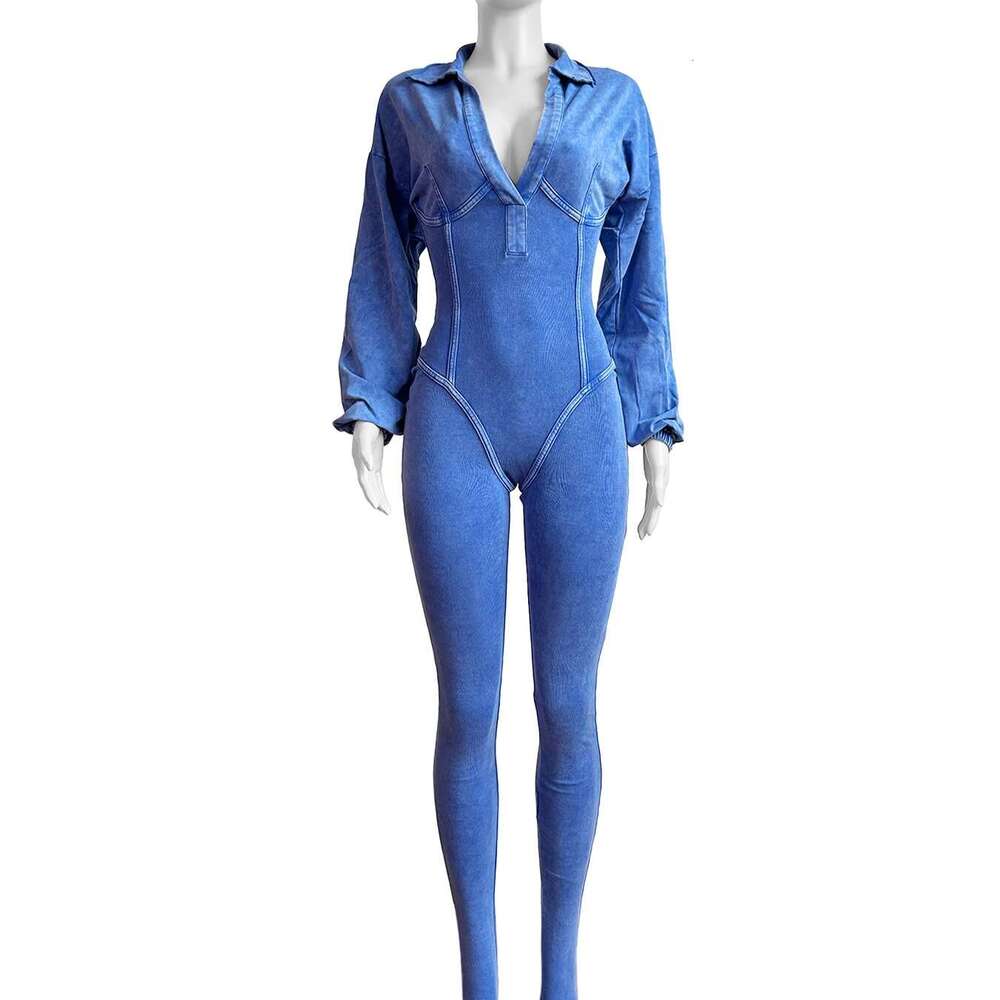 HR24102 European and American Fashion Women's Clothing Washed Vintage Sexy Deep V Tight Long Sleeve Autumn Winter Jumpsuit