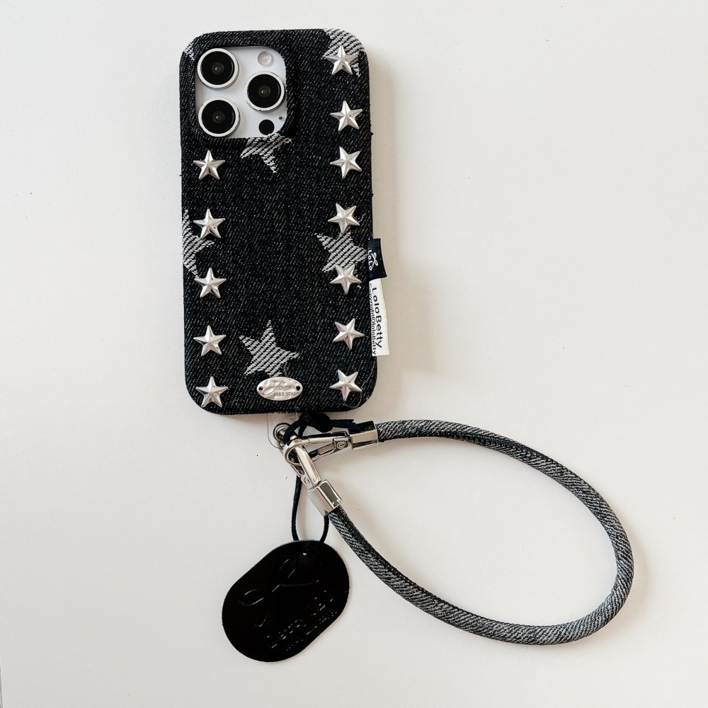 Punk Style Denim Rivet Star Phone Case Compatible with iPhone 17/16 Pro Solid Color Lanyard iPhone 15/14
