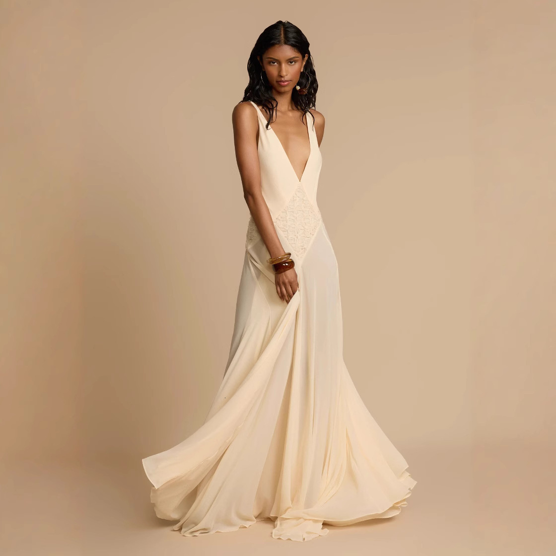 2025 Summer Womens Fashion Simple Hollow Splicing Lace Strap Color Dress