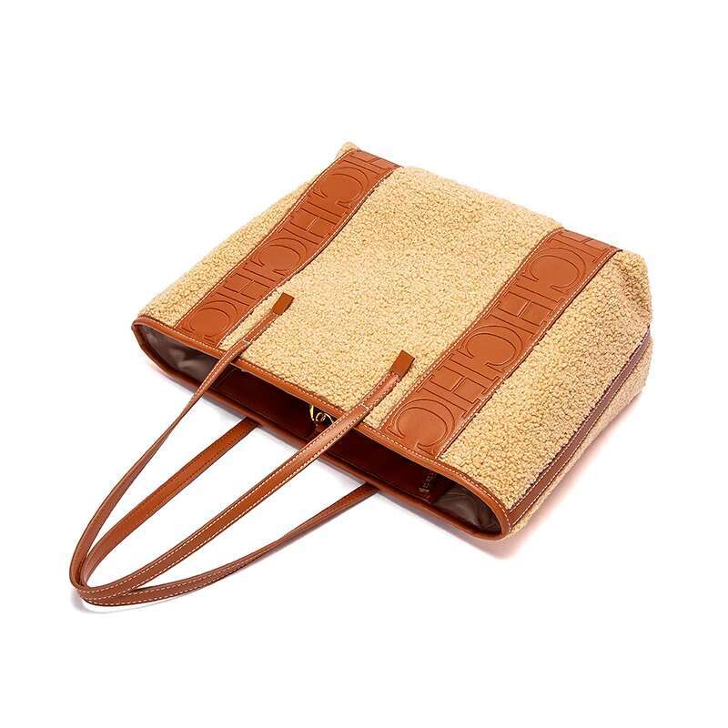 CHCH Women's Tote Winter New Lamb Fleece Large Capacity Handbag Simple Brown Leisure Travel Bag