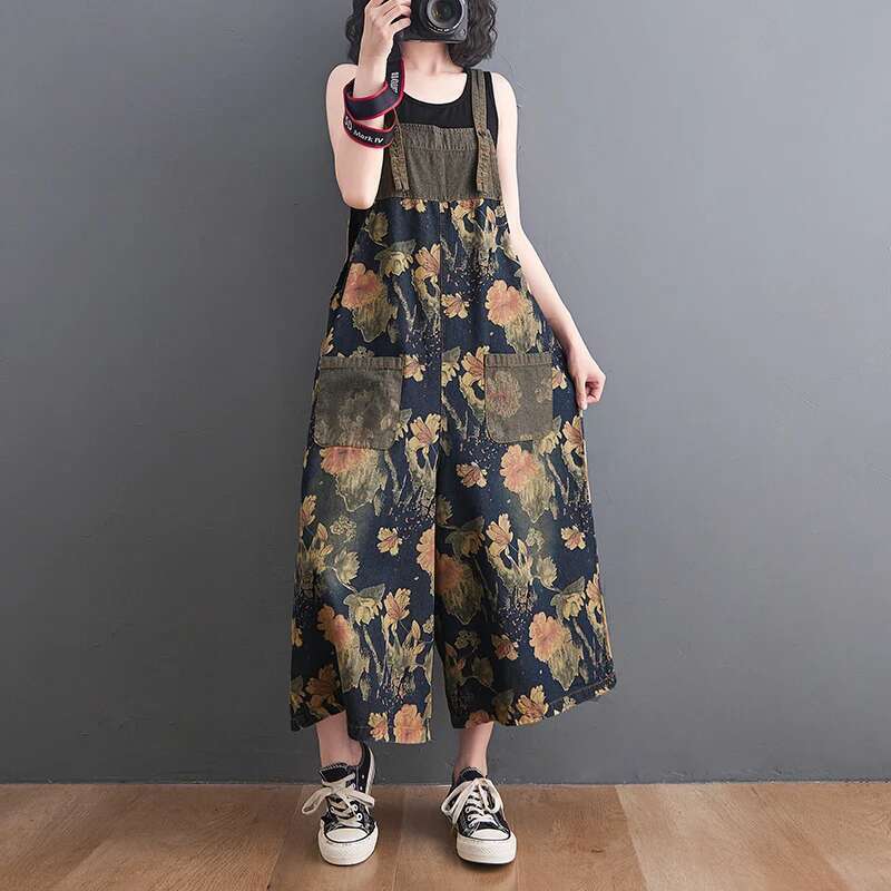 Summer Ladies Ankle-Length Loose Wide Leg Jumpsuits Women Ral Print Rompers Vintage Denim Overalls