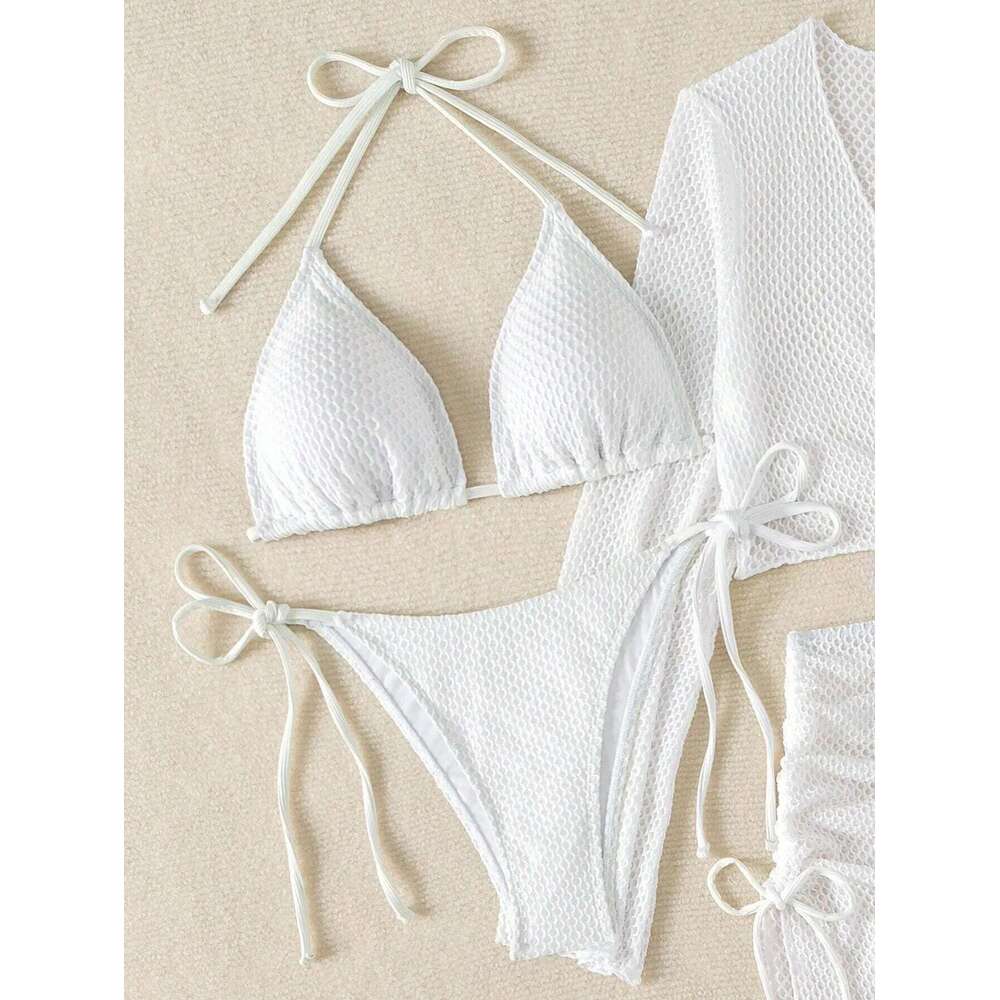 Sexy White 4 Piece Bikinis Sets Women Long Sleeve Cover with Skirt Swimsuit 2025 Beach Push Up Bathing Suit Holiday Swimwear