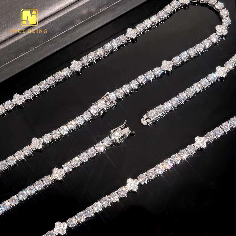 5mm VVS Moissanite Tennis Chain Pass Diamond Tester 925 Silver Hip Hop Jewelry Clover Necklace Iced Out Diamond Tennis Chain
