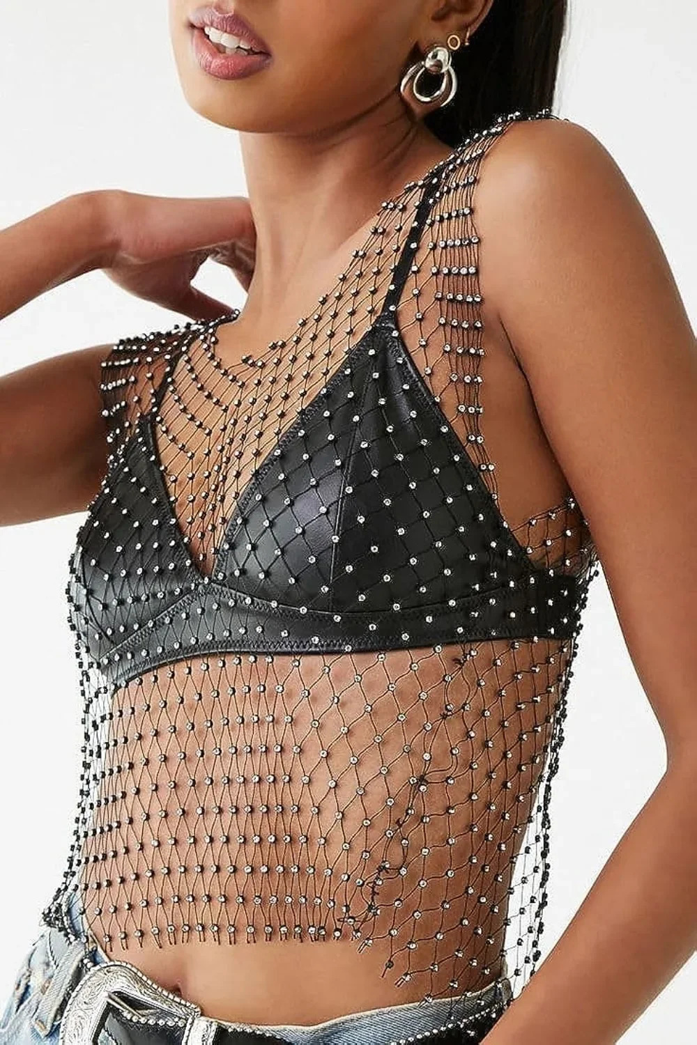 Sexy and shiny rhinestone fishnet womens Y2K tank top by crop top summer beach cover party nightclub womens clothing 250403
