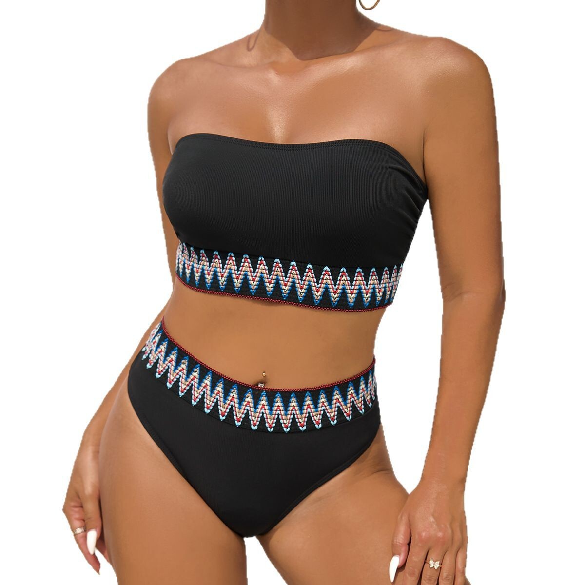 2025 Knitted Elastic Strapless Split Triangle Sexy Bikini Women's Swimsuit