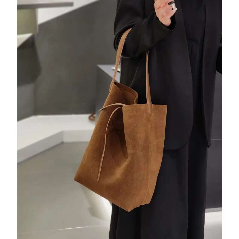 Donna-In Suede Tote Bag Genuine Cow Leather Casual Shoulder Bucket Bags For Women Middle Size 27Cm Coffee