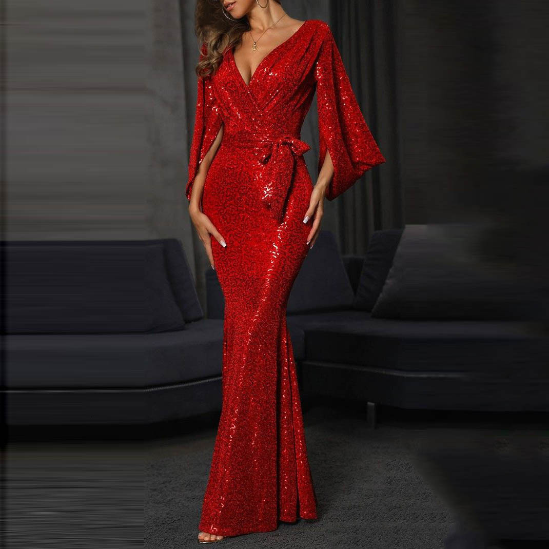 2025 Summer New Dress Sexy Slit Solid Color Sequin Long Floor Length Evening Gown