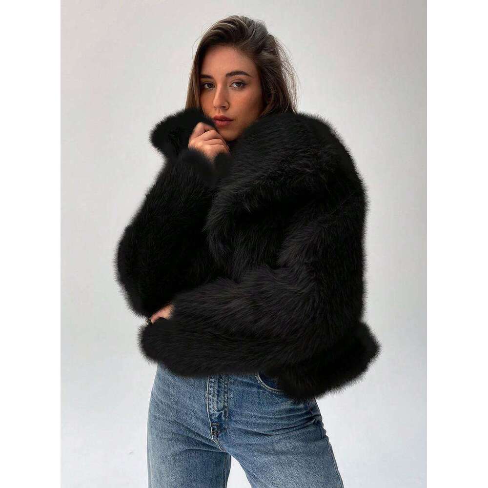 2025 New European and American Cross-Border Women's Fashion Short Faux Fur Coat Stylish Large Lapel Long Sleeve Warm Overcoat