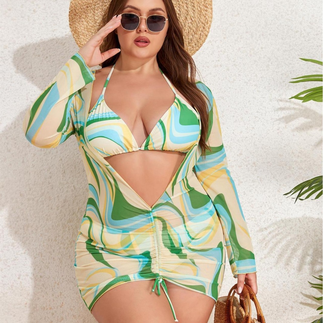 Large size multi-color printed long sleeved mesh hood shirt sexy bikini fat woman three piece vacation women's swimsuit