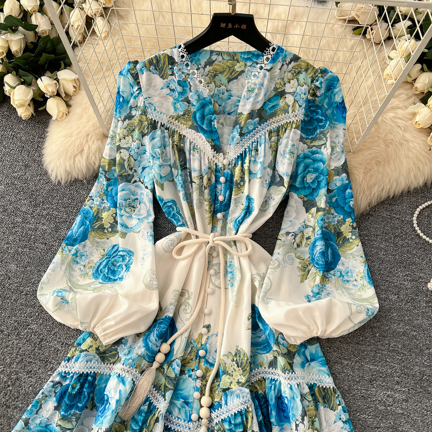 Basic Casual Dresses Spring Holiday Gorgeous Flower Linen Dress Women's V-Neck Hollow Out Lace Long Lantern Sleeve Floral Print Belt Maxi Vestido