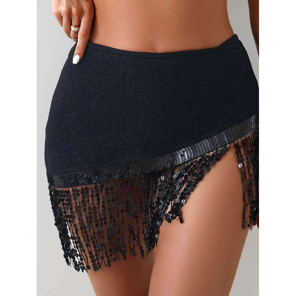 Solid Color Women's 3-Piece Tassel Skirt Swimsuit Sexy Halter Hollow Bikini Set High Waist Backless Beach Vacation Swimwear 2024