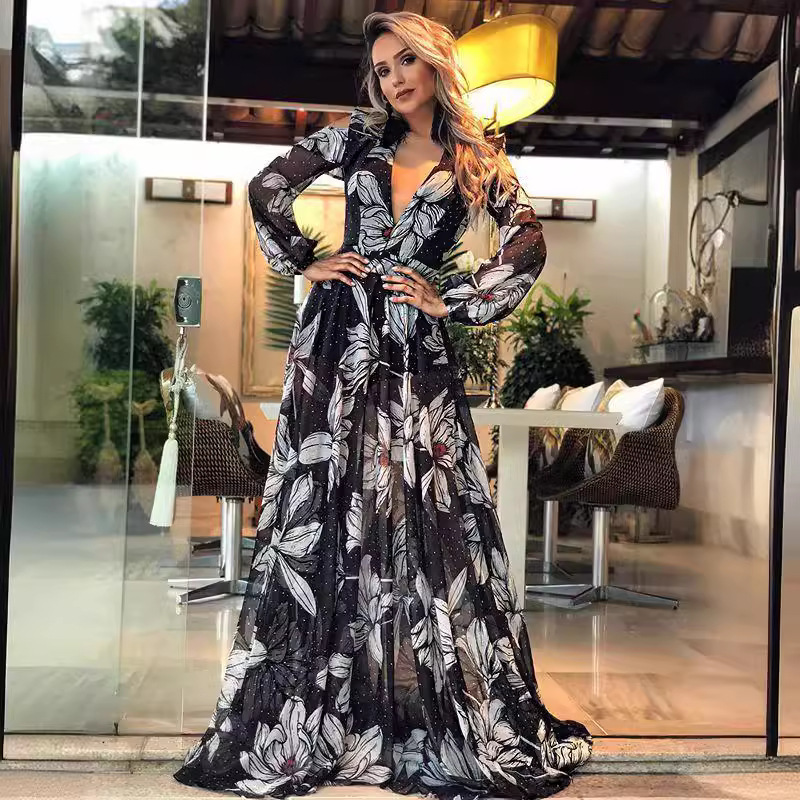 2025 New Womens Dress Sexy Deep V-long Sleeved Printed Fashionable Long Skirt