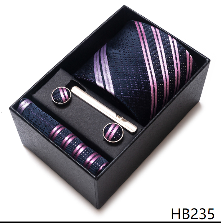 Luxury 8 cm 100% Silk Tie Pocket Squares Cufflink Set Necktie Box Blue Striped Wine Red Memorial Day Accessories Men Workplace