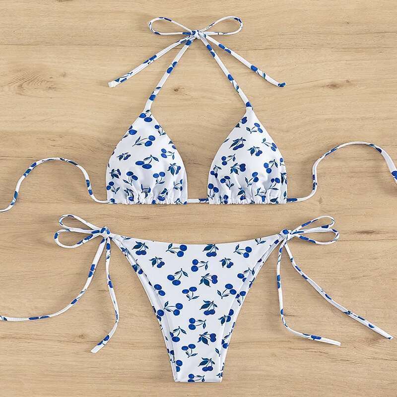 Cute Cherry Print Swimsuit Women 2023 Low Waist Thong 2-Piece Bikini V-neck Suspender Halter Bathing Suit Summer Beach Swimwear