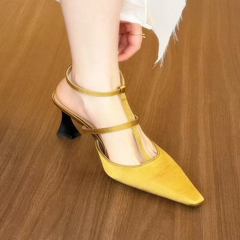 Bow Shoes Buckle Sandals Suit Female Beige Summer Heels Shallow Mouth Strap Black Girls Pointed High Stiletto Closed 251105