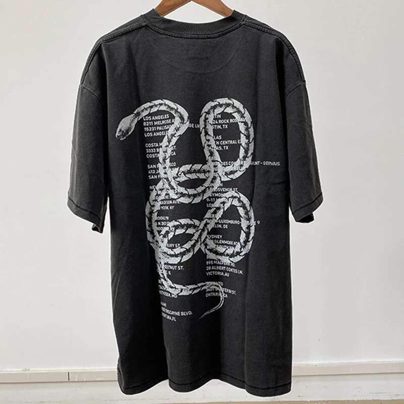 Spring North American Niche AB Snake Letter Print Washed, Stir Fried, Aged Charcoal Gray Women's Short Sleeved T-Shirt