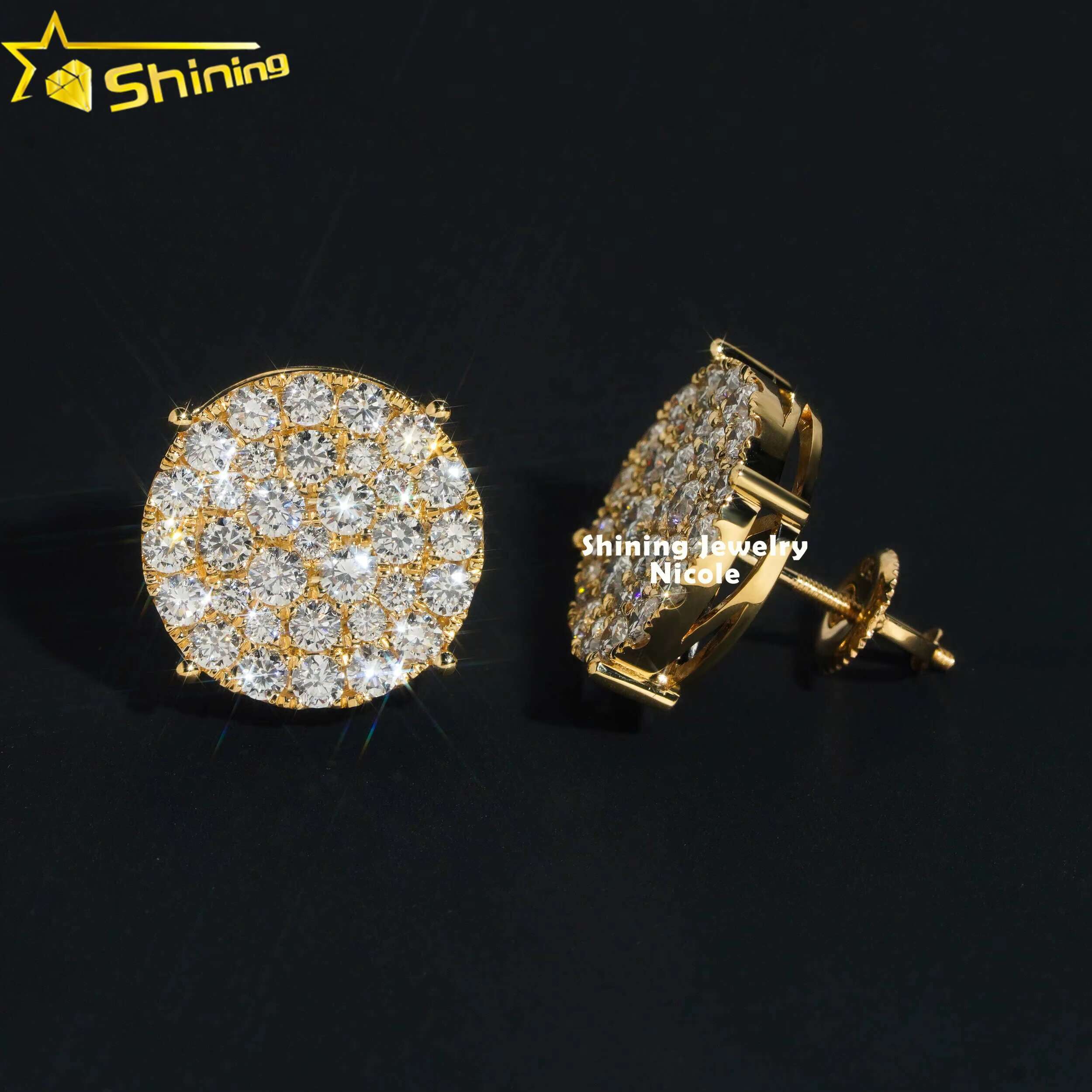 Luxury Hip Hop Yellow Gold Certified Iced Out Top Quality Solid 18k Gold Lab Diamond Earrings