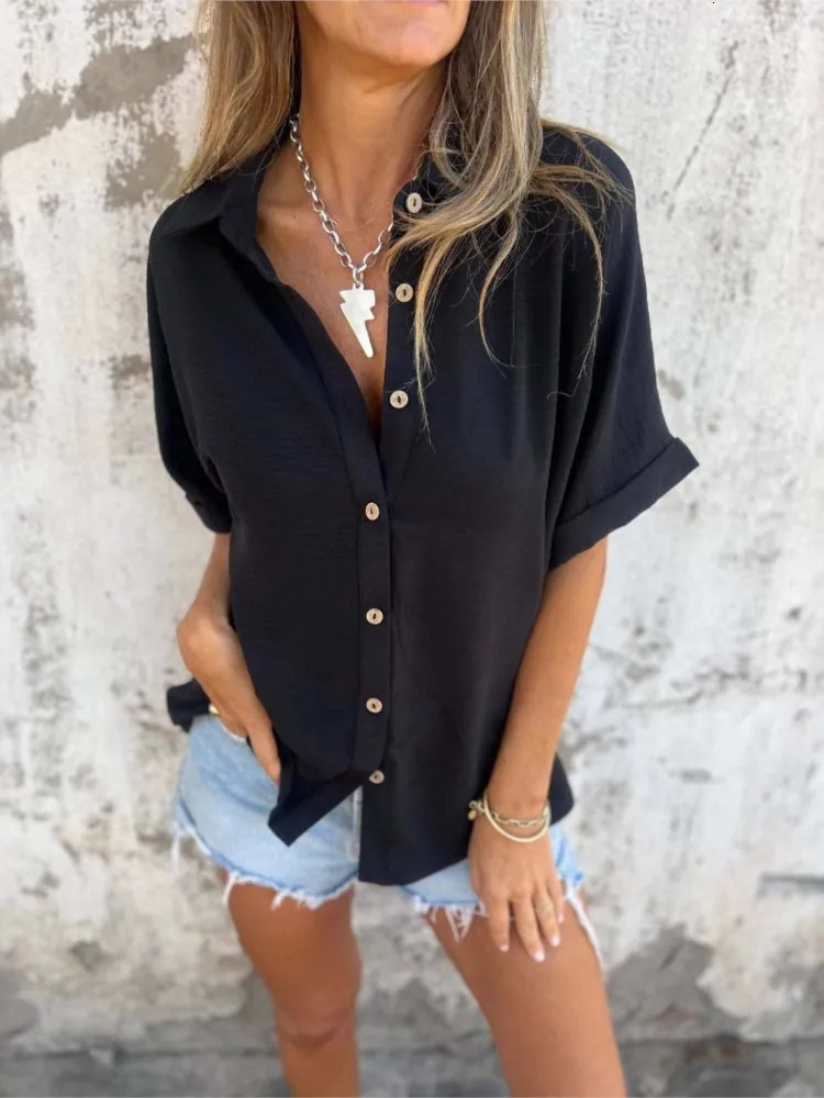 Casual Solid Shirt Top Female Fashion Office Short Sleeve Button Shirts Tops For Women Summer Holiday Womens Clothing 2025 250402