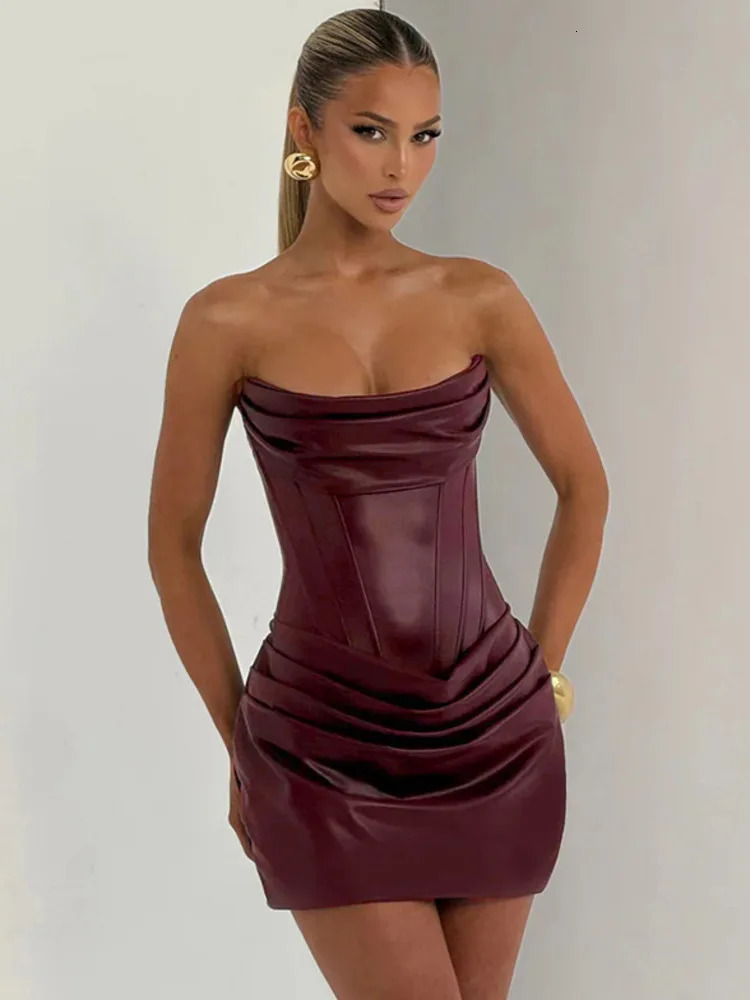 Mozision PU Leather Off-Shoulder Strapless Mini Dress - Sleeveless Ruched Backless Club Party Gown for Women C260312