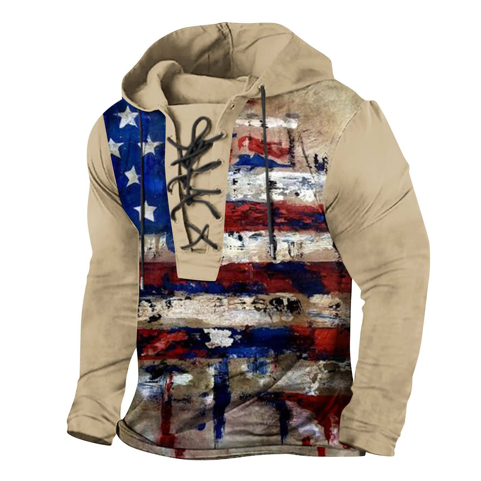2025 New Mens Tether Printed US Flag Hoodie Large Head Long Sleeve T-shirt