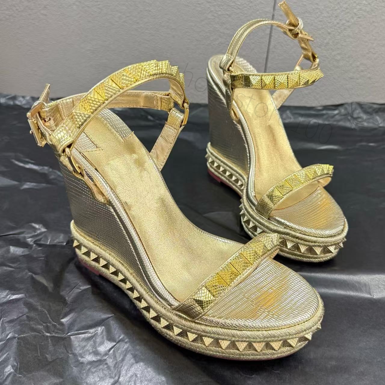 Wedge platform Sandals Hardware buckle decoration pumps heels Ankle strap revealing toe dress women's designers evening shoes factory footwear with box size34-43
