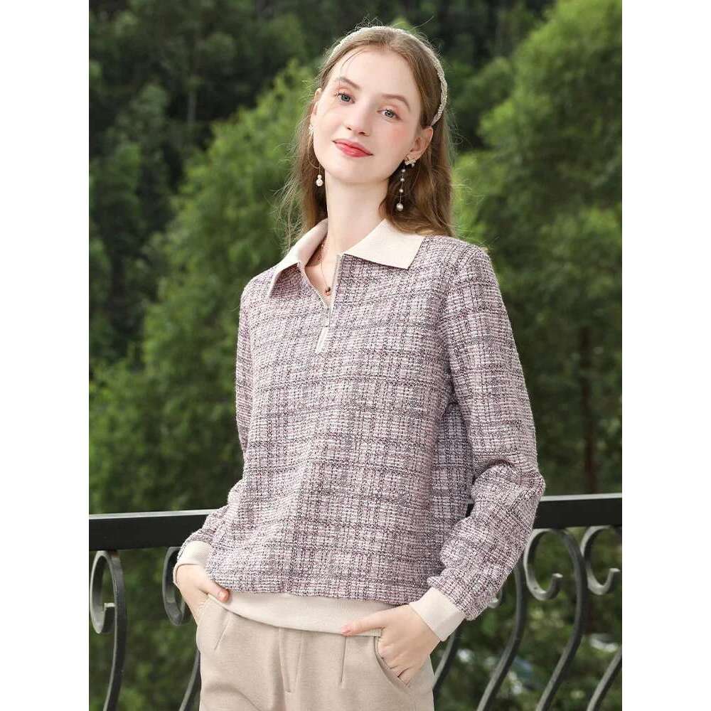 Purple Woven Lapel Long-Sleeved Pullover Sweaters Women Autumn Winter Warm Soft Zipper Casual Tops