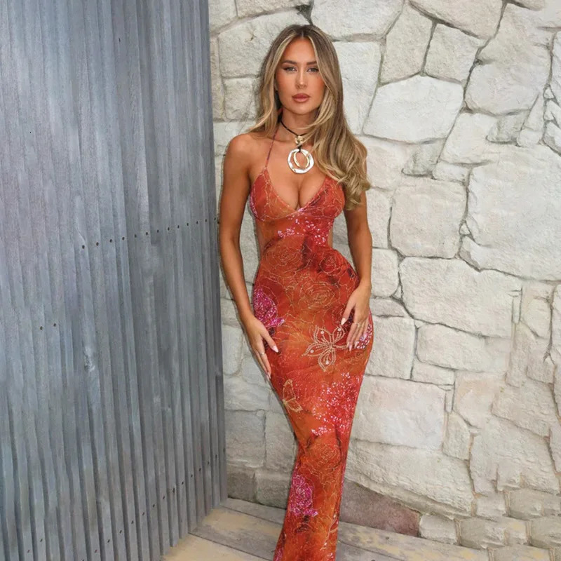 Summer womens suspender printed dress sexy mid waist beach holiday party dress sleeveless elegant vacation set 250401