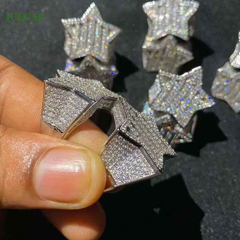 Full VVS Moissanite Hip Hop Baguette Cut Diamond 925 Silver Star Ring Men Women Luxury Party Jewelry
