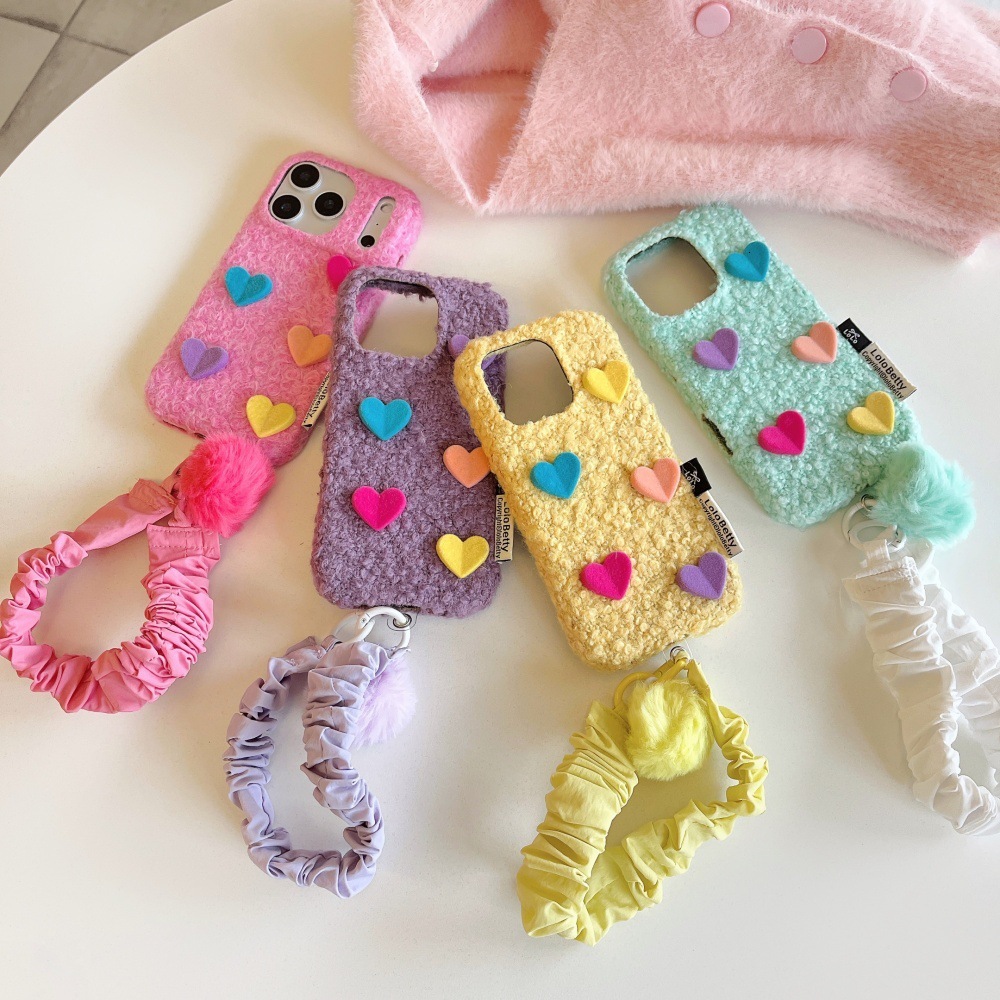 3D Colorful Heart Plush Phone Case Compatible with iPhone 17/16 Personalized Solid Color iPhone 15/14 Pro
