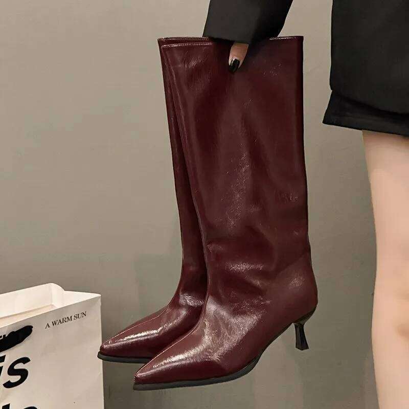 Burgundy Patent Leather High-Top Long Boots For Women Wine Red Pointed Toe Slip On Botas Largas De Mujer Kitten Low Heels Mature