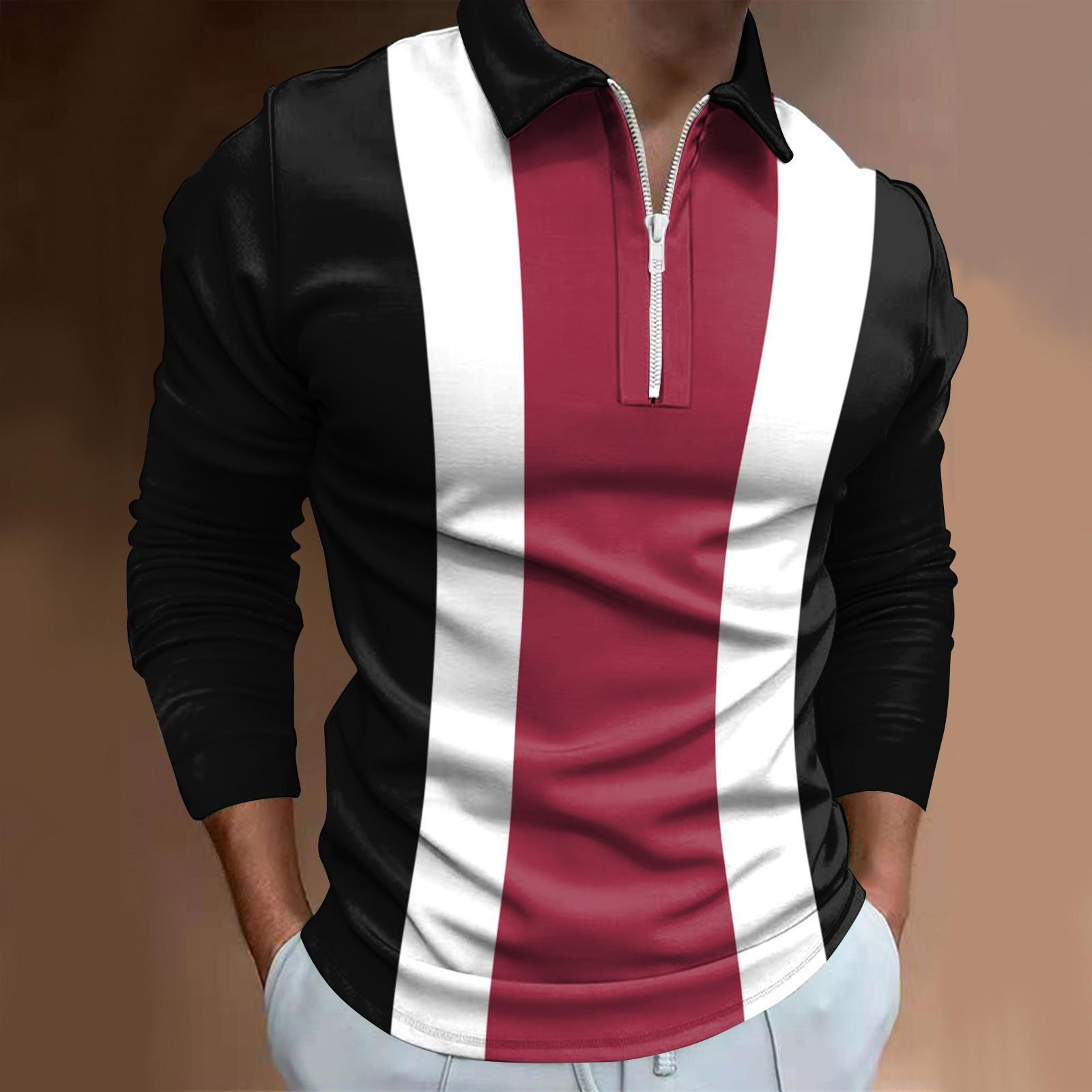 Autumn new mens solid color striped printed zipper polo mens polo shirt long sleeved T-shirt men