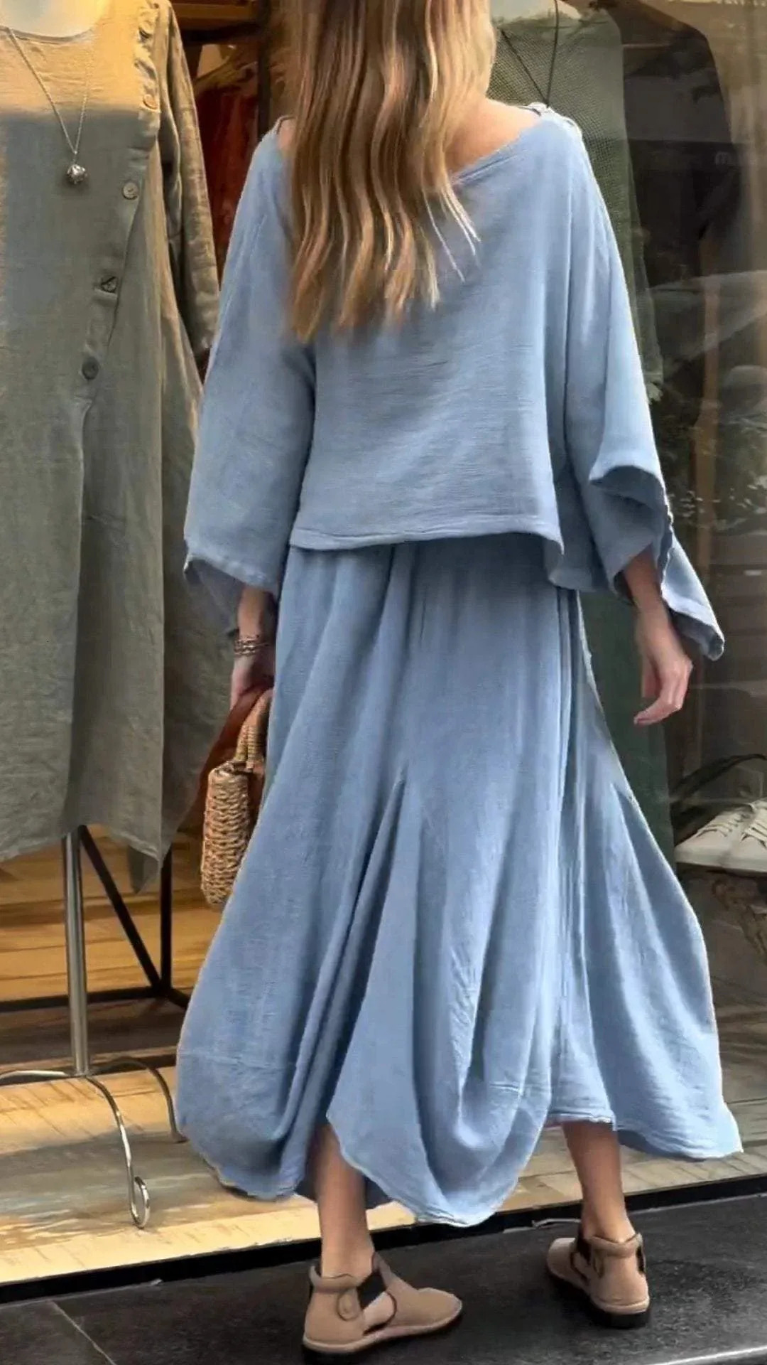 Casual cotton linen T-shirt and tight two-piece womens O-neck batwing shirt autumn and winter loose solid set 250401