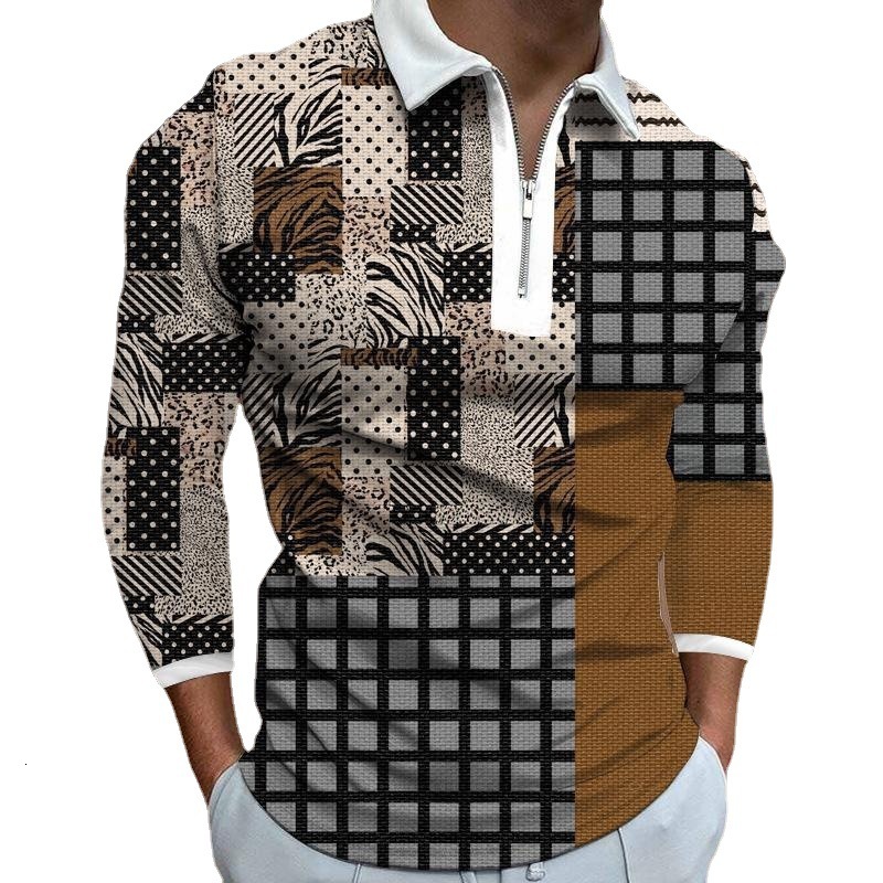 Autumn new mens solid color striped printed zipper polo mens polo shirt long sleeved T-shirt men