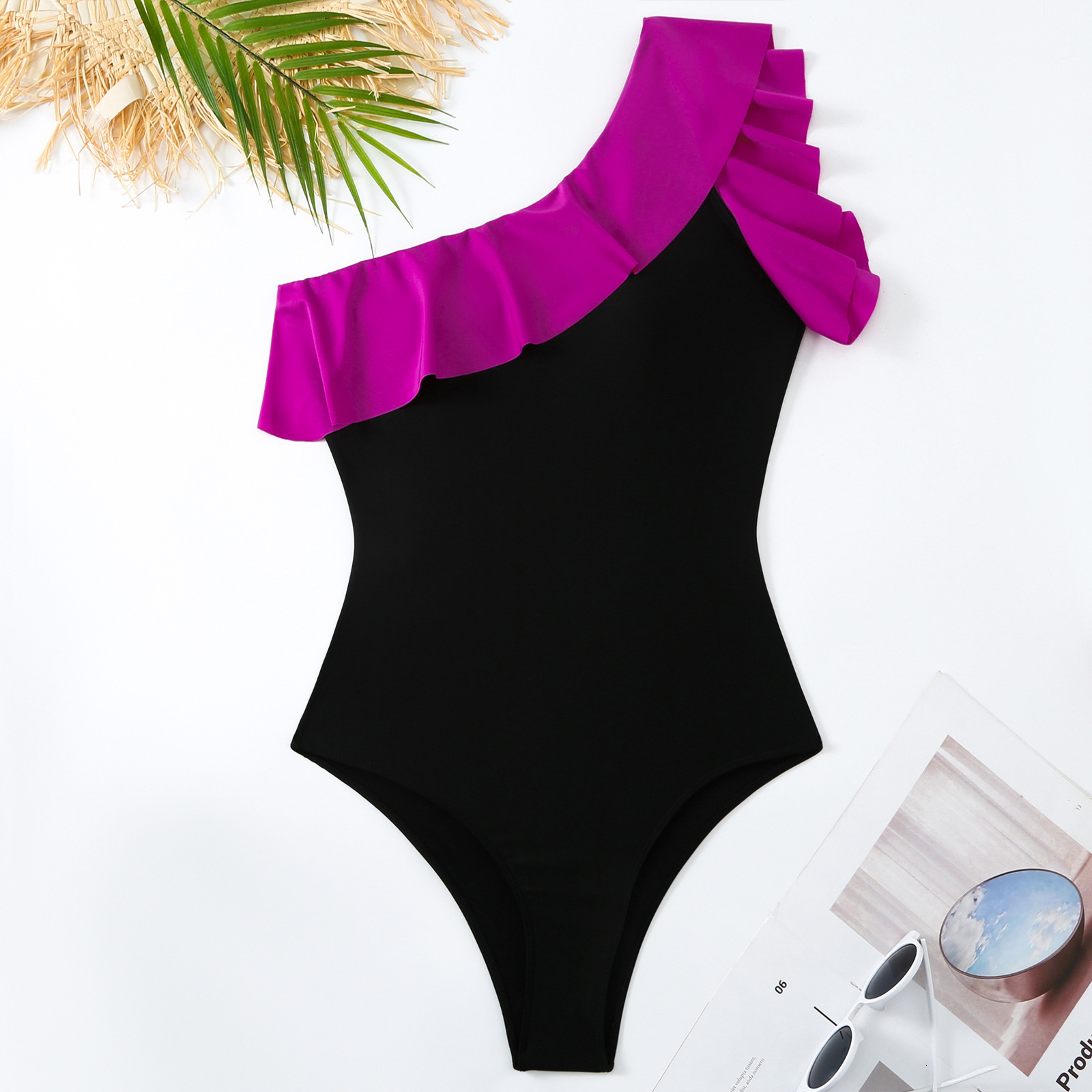 2025 Bohemian Wind Lotus Leaf Edge Single Shoulder jumpsuit, wrapped skirt, beach vacation set, swimsuit for women