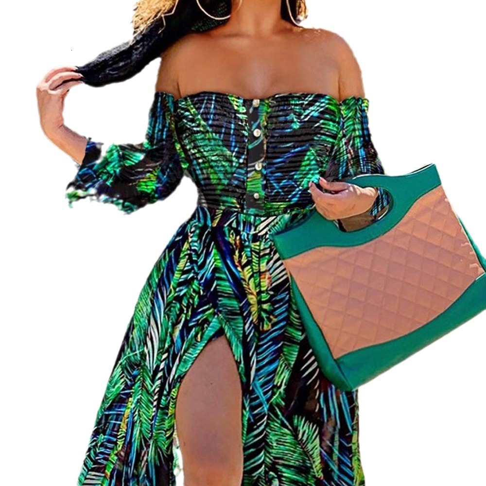 2025 Womens Summer New Dress Beach Sexy Split Print Floor Dragging One Shoulder Large Swing Long Dress