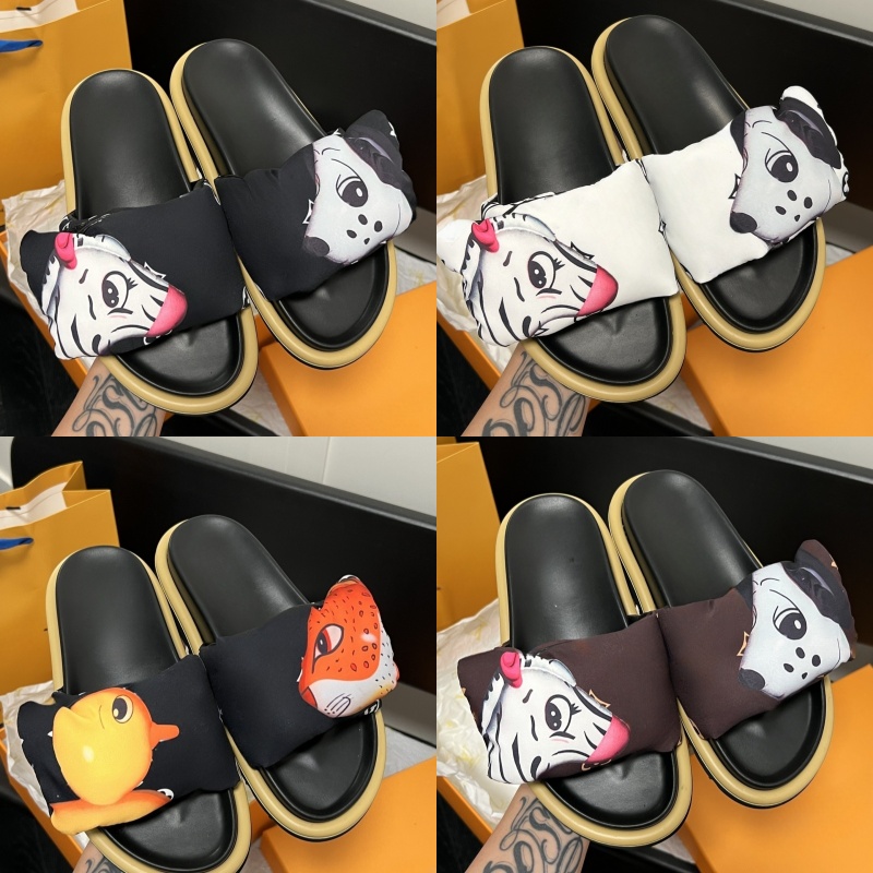 Designer Sliders Women Men Pool Pillow slippers Flat Comfort Mules Slides Classic Prints Embossed Summer Sandals Black Grey Beach Shoes slippers with box