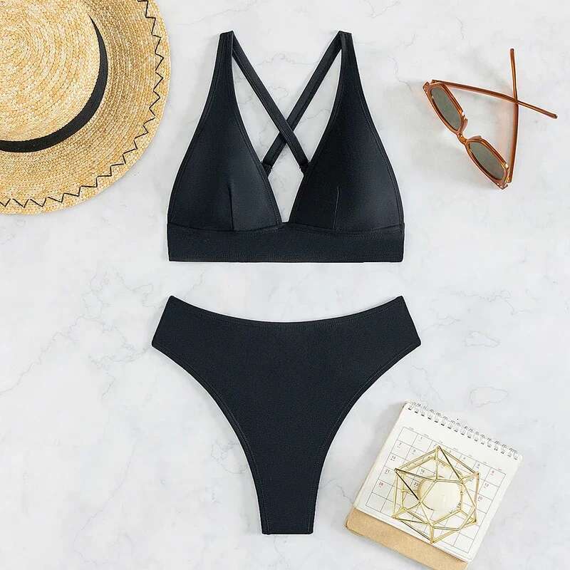 Solid Color Black Swimsuit for Women,2024 Summer,high Waist 2-piece Bikini,triangle Cup Hollow Out Suspender Backless Swimwear