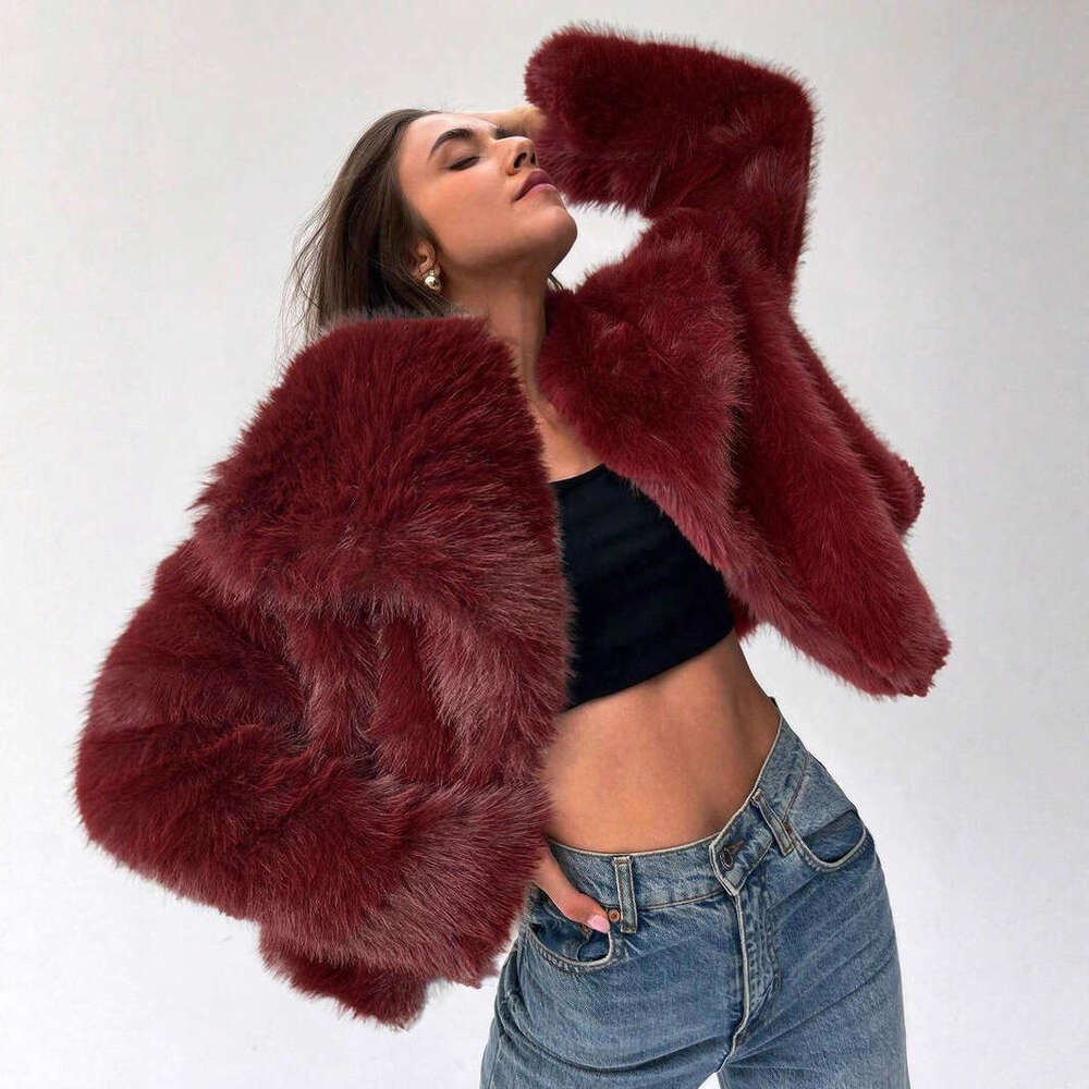 2025 New European and American Cross-Border Women's Fashion Short Faux Fur Coat Stylish Large Lapel Long Sleeve Warm Overcoat