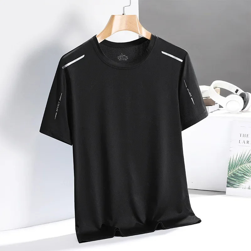 Summer ice silk short sleeved mens thin round neck bottom shirt quick drying sports and casual mens T-shirt 250402