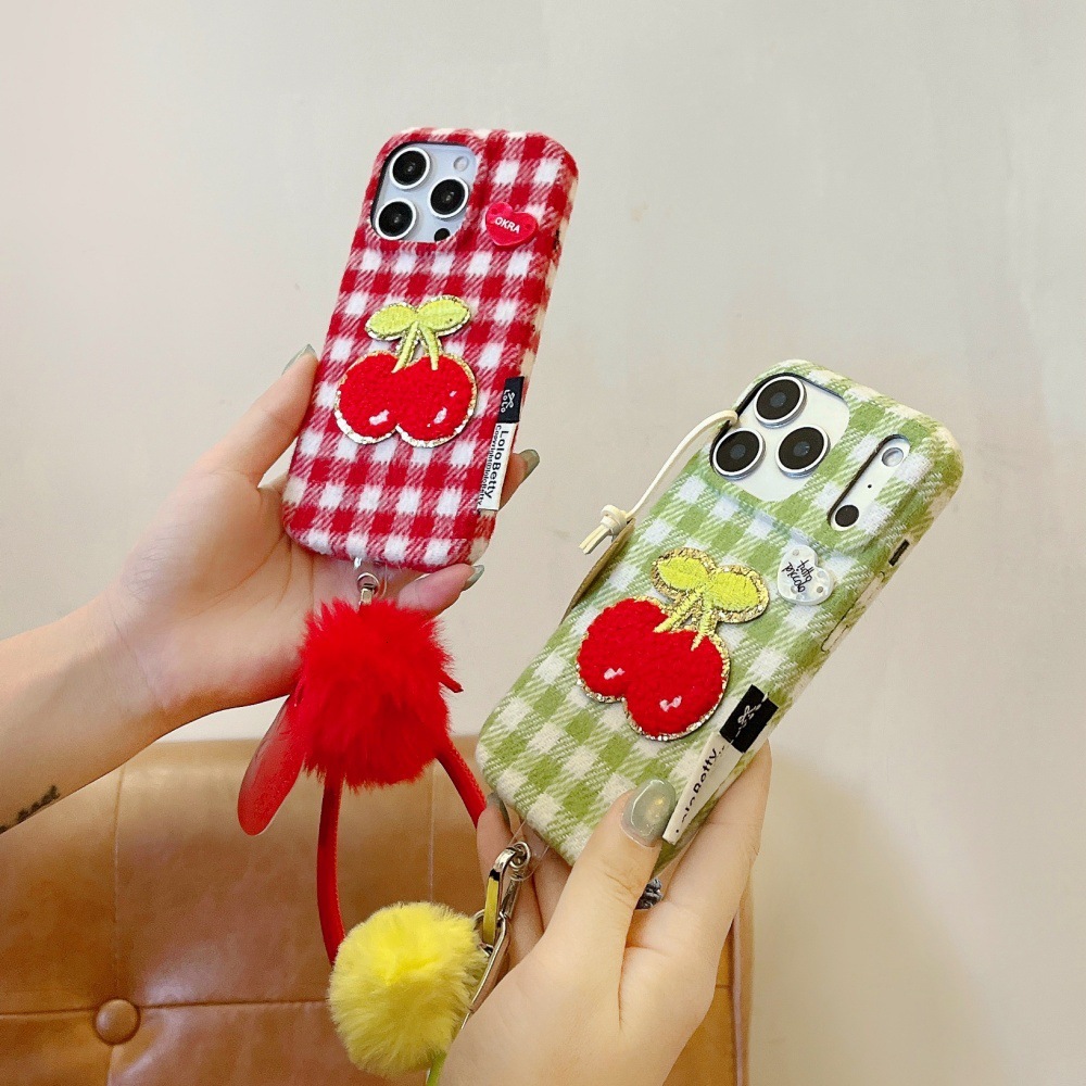 Red Green White Checkered Cherry Patch Phone Case Compatible with iPhone 17/16 Pro Solid Color Velvet Case iPhone 15/14