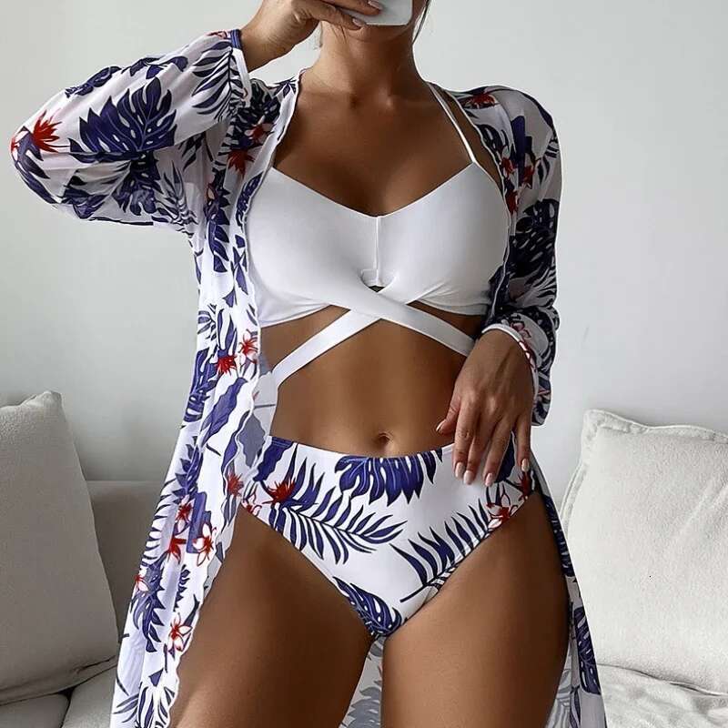 2024 Long-Sleeve Print Tulle Cover-Up Swimsuit Three-Piece Bikini Set Women Cross Bandage Sexy Suspender Swimwear Bathing Suit