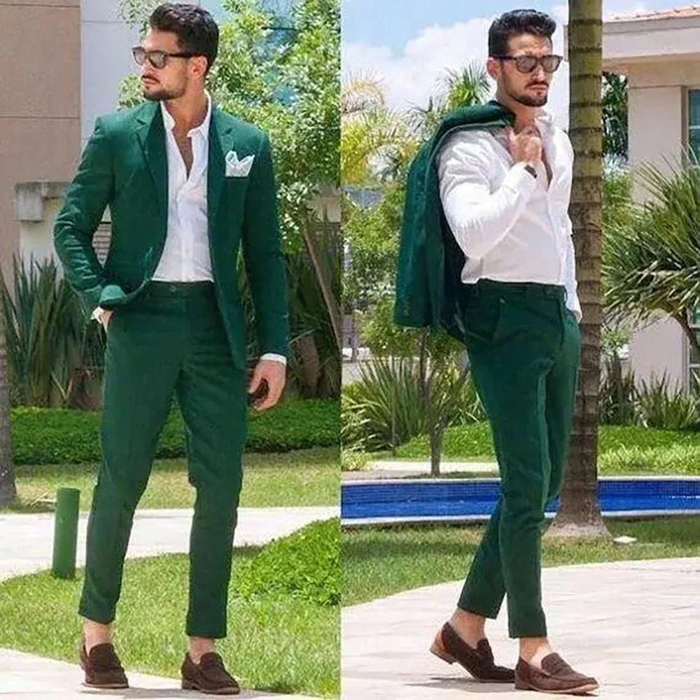 high-end green mens two-piece set jacketpants ultra-thin fit fashionable and handsome mens formal clothing 250402