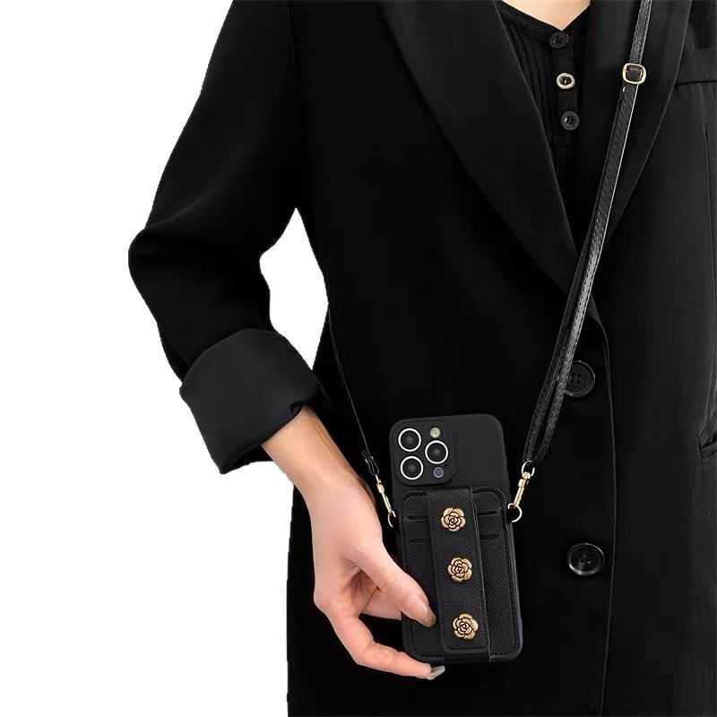 Compatible with 17 Phone Case Card Holder Insert Card iPhone 15 Pro Max Crossbody 16 Strap 14 Pro Camellia J251202