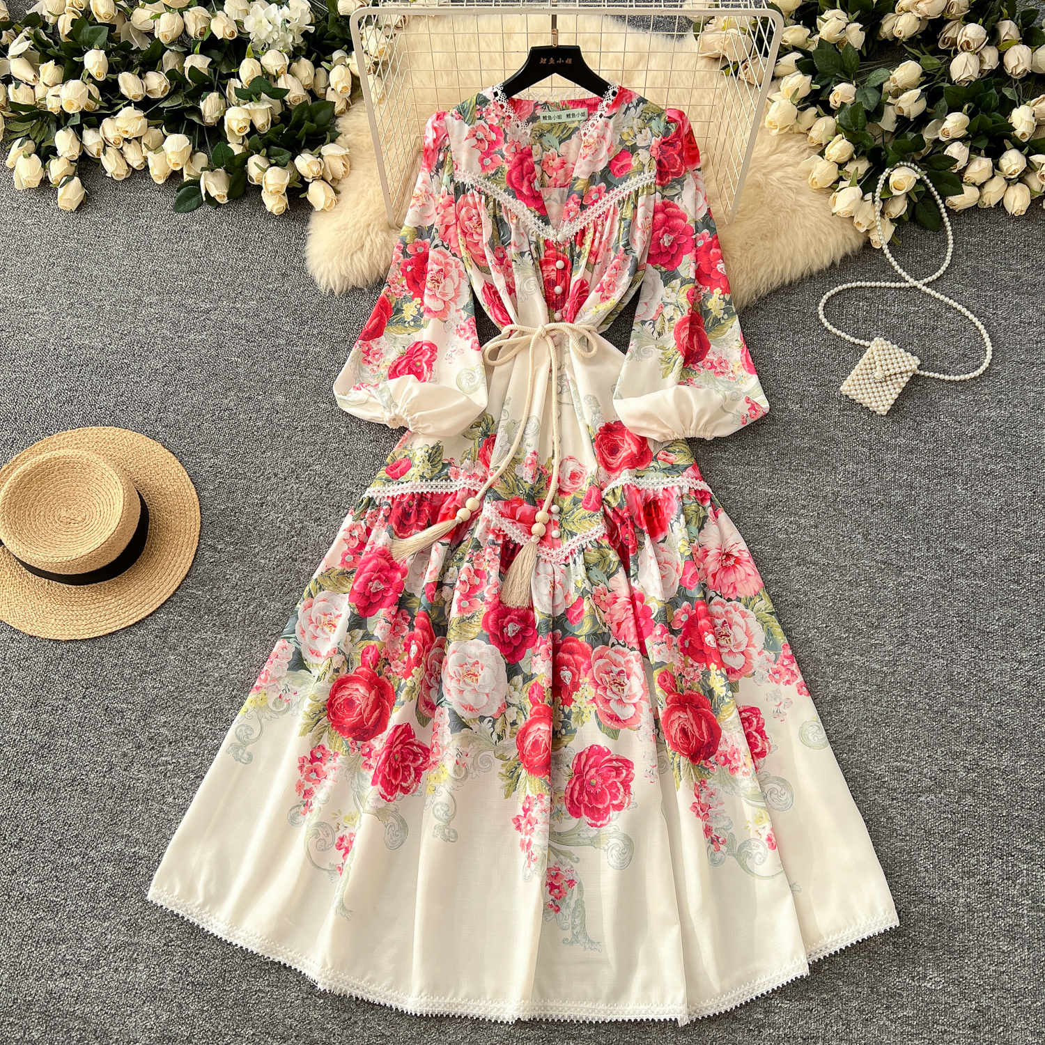Basic Casual Dresses Spring Holiday Gorgeous Flower Linen Dress Women's V-Neck Hollow Out Lace Long Lantern Sleeve Floral Print Belt Maxi Vestido
