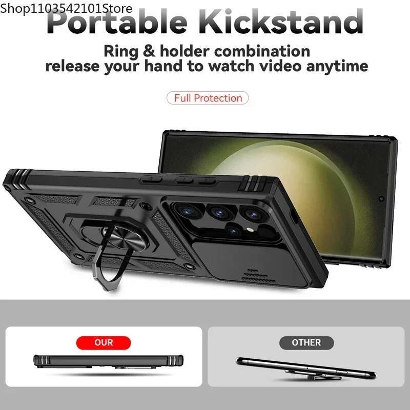 Stand Rotating Slide Camera Lens Military Grade Armor Case For Samsung S25 S24 S23 S22 S21 FE S20 Plus Note 20 Ultra M53 M33